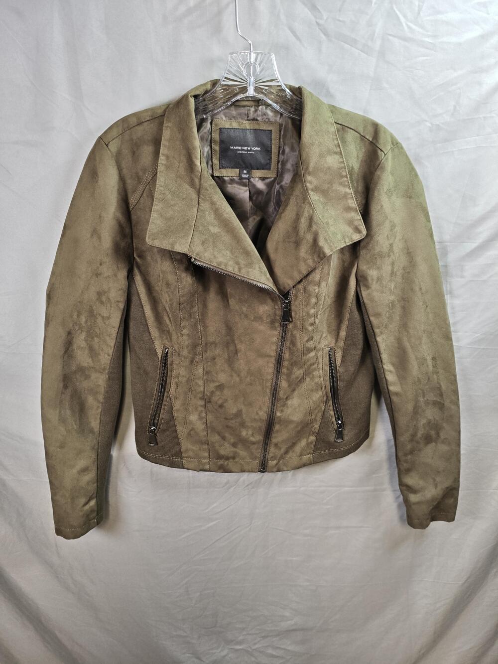 Marc New York Jacket Womens Medium Olive Green Faux Suede Moto Biker Zip Pockets